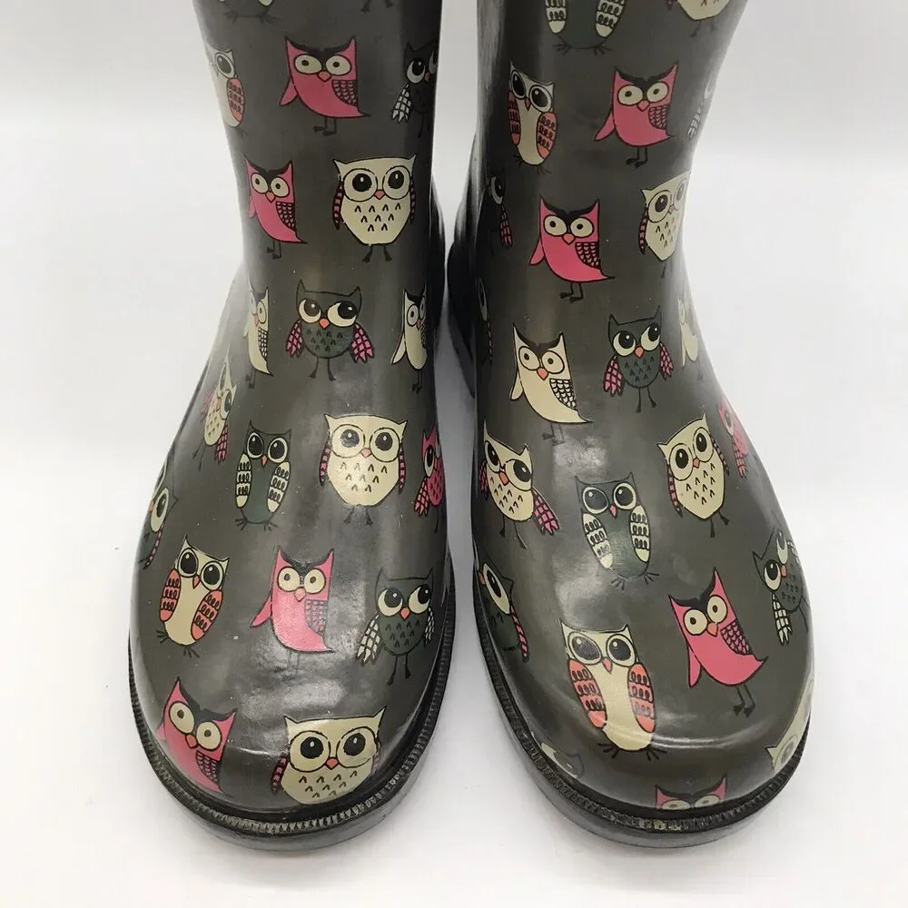 Capelli New York Shiny Pop Owl Printed Rain Boots Kid's 2 Gray Black Rain Gear